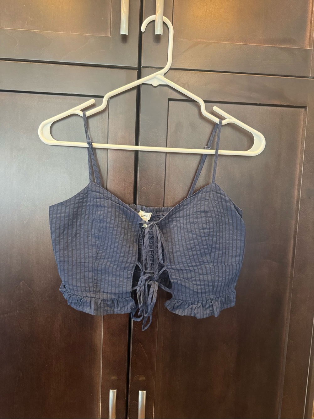 aerie Navy Lace-Up Ruffle Hem Crop Cami